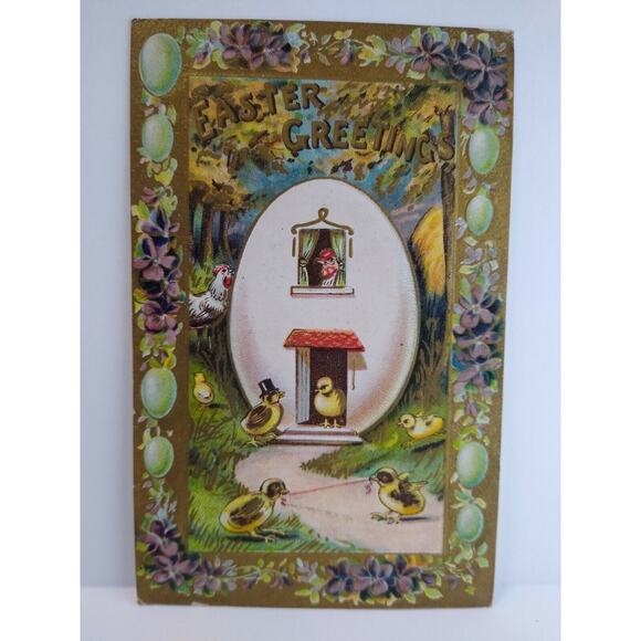 Easter Postcard Humanized Chicks Living In Giant Egg House Fantasy Germany 2142 - Picture 2 of 4